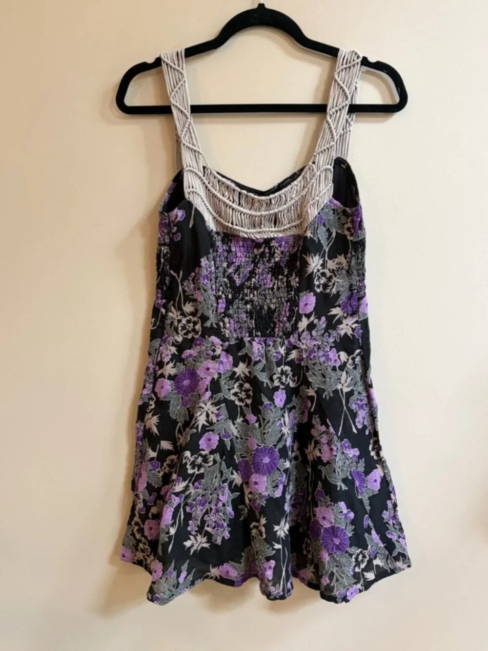 Free People Y2K Vintage Cotton Linen Purple Black Mini Dress Whimsigoth Cottage